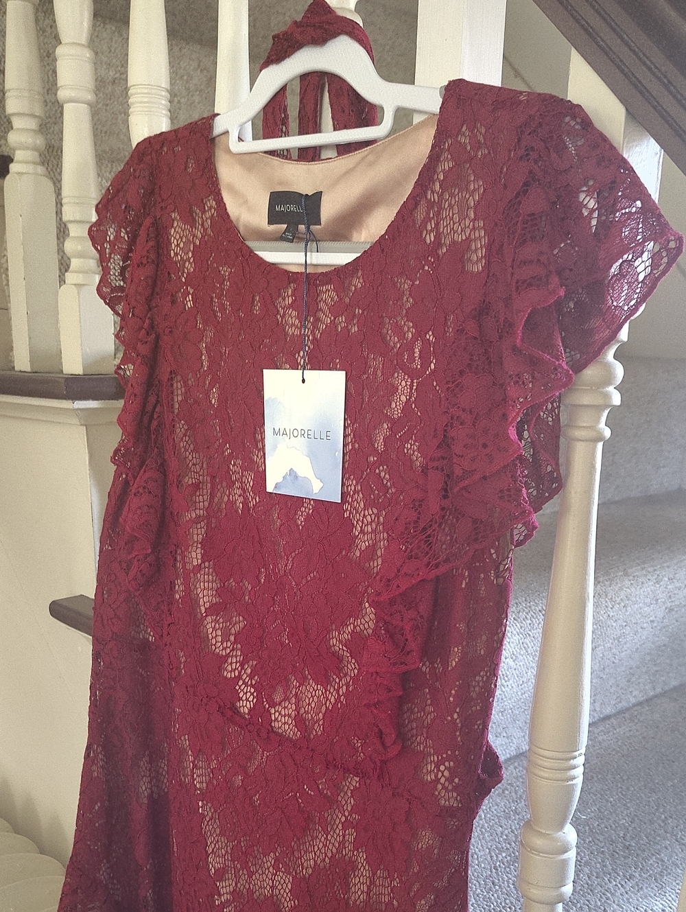 MAJORELLE Burgundy Lace Ruffle Sleeve Dress